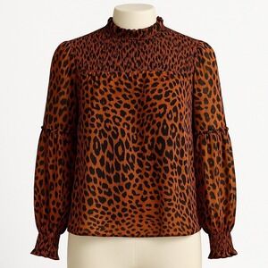 CeCe Smocked Leopard Animal Print Long Sleeve Puff Blouse Sheer S Ruffle Y2K